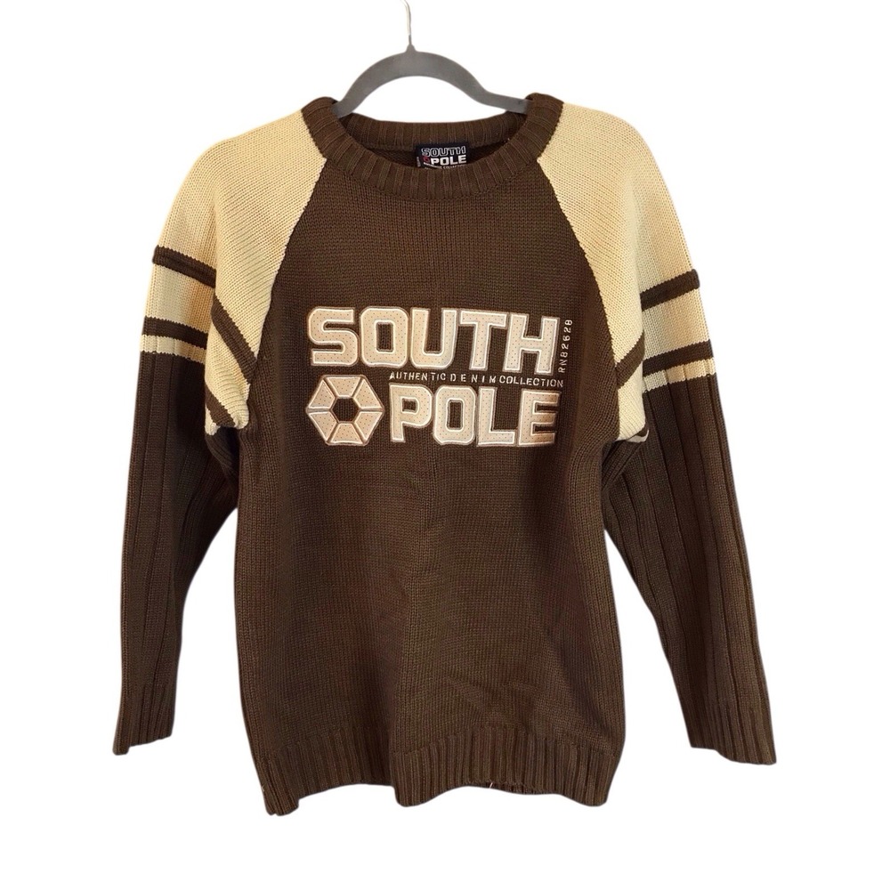 NWT VTG Southpole Men's Crewneck Knit Brown Tan Sweater Embroidered Sz M Y2K